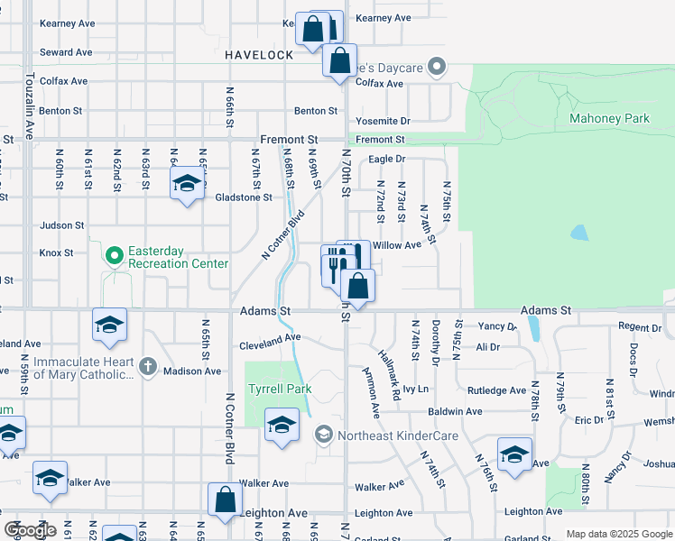 map of restaurants, bars, coffee shops, grocery stores, and more near 3111 North 70th Street in Lincoln