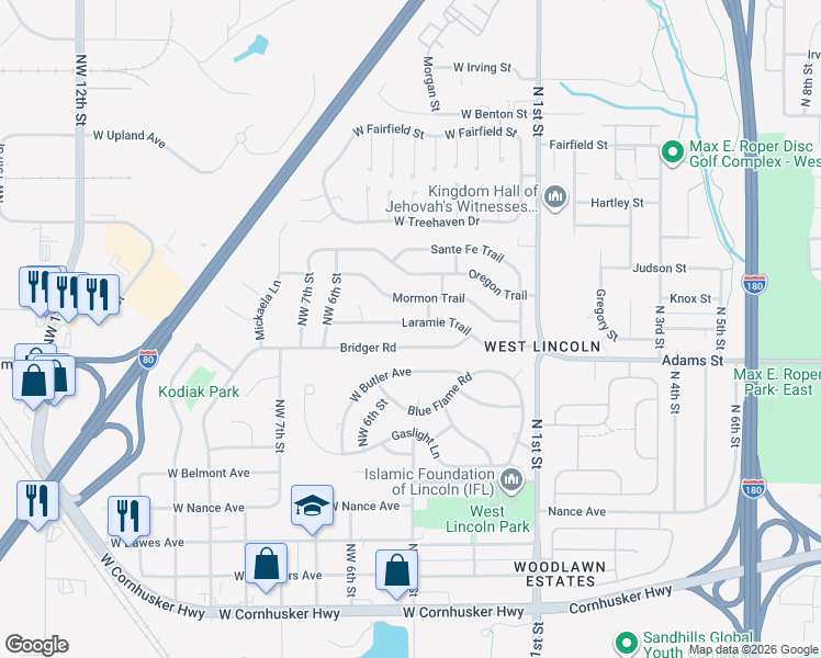 map of restaurants, bars, coffee shops, grocery stores, and more near 424 Bridger Road in Lincoln