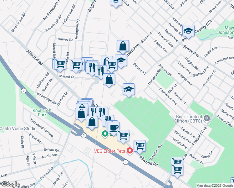 map of restaurants, bars, coffee shops, grocery stores, and more near 31 Styertowne Rd in Clifton