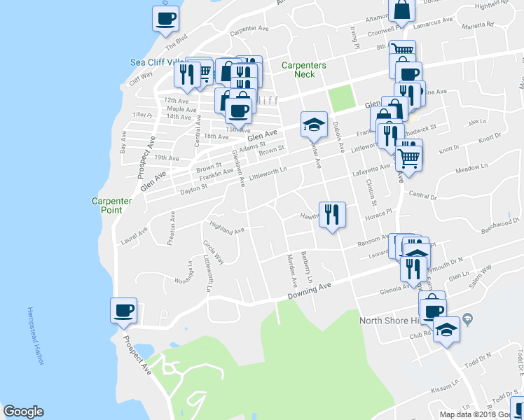 map of restaurants, bars, coffee shops, grocery stores, and more near 97 Lafayette Avenue in Sea Cliff
