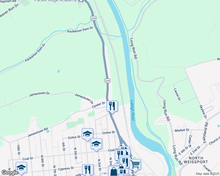 map of restaurants, bars, coffee shops, grocery stores, and more near 807 North 1st Street in Lehighton