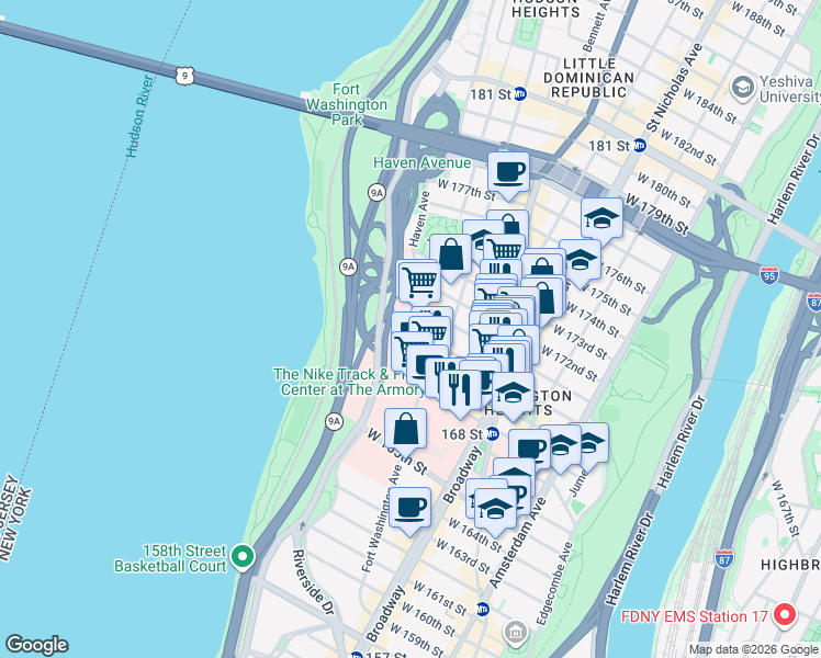 map of restaurants, bars, coffee shops, grocery stores, and more near W 170th St & Haven Ave in New York