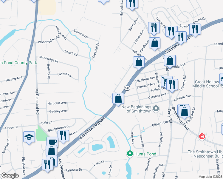 map of restaurants, bars, coffee shops, grocery stores, and more near 64 South Avenue in Smithtown