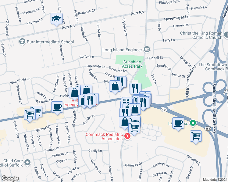 map of restaurants, bars, coffee shops, grocery stores, and more near 2 Digney Court in Commack