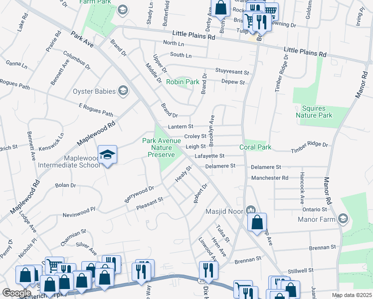 map of restaurants, bars, coffee shops, grocery stores, and more near 977 Park Avenue in Huntington