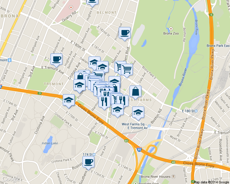 map of restaurants, bars, coffee shops, grocery stores, and more near 1973b Southern Boulevard in Bronx
