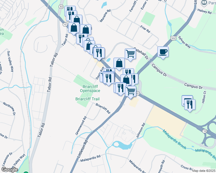 map of restaurants, bars, coffee shops, grocery stores, and more near 1711 New Jersey 10 in Morris Plains