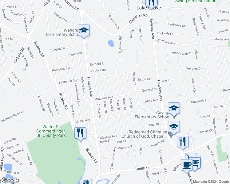 map of restaurants, bars, coffee shops, grocery stores, and more near 70 Penn Street in Lake Grove
