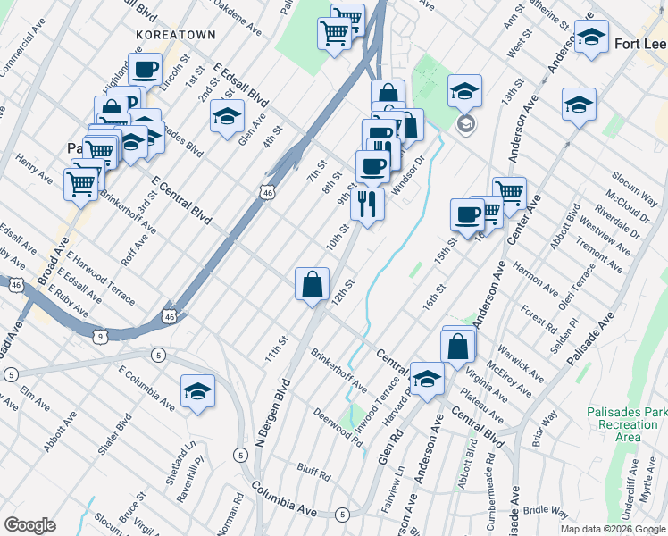 map of restaurants, bars, coffee shops, grocery stores, and more near 329 Bergen Boulevard in Palisades Park