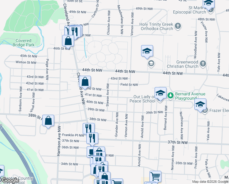 map of restaurants, bars, coffee shops, grocery stores, and more near 1510 42nd Street Northwest in Canton