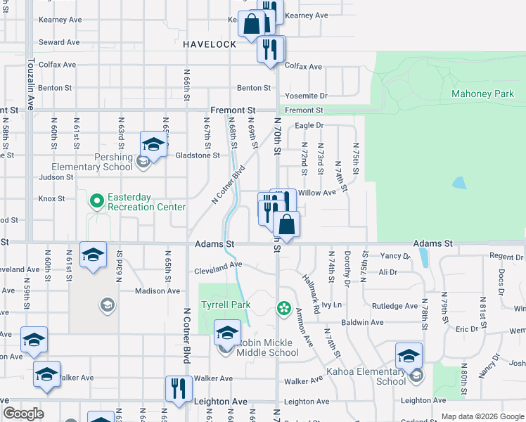 map of restaurants, bars, coffee shops, grocery stores, and more near 3111 North 70th Street in Lincoln