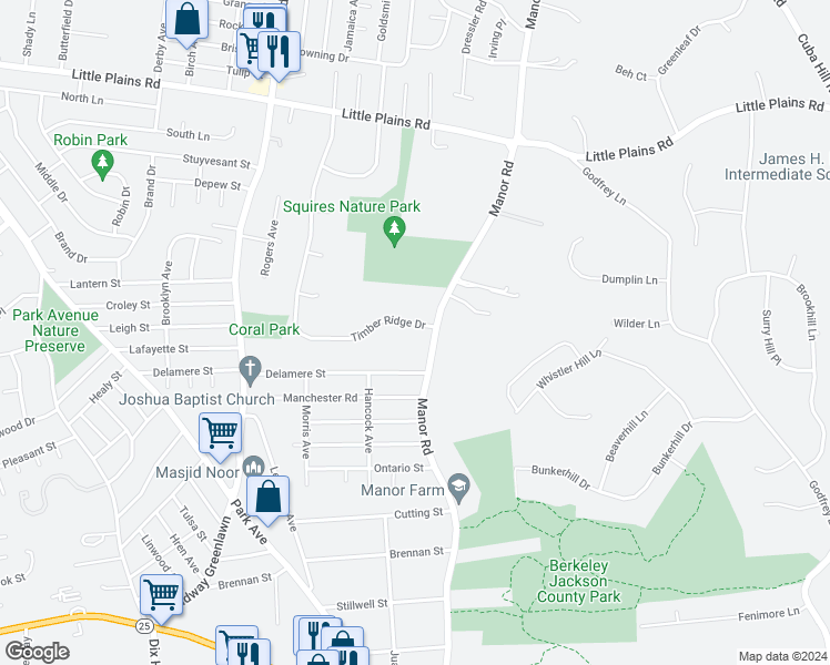 map of restaurants, bars, coffee shops, grocery stores, and more near 4 Timber Ridge Drive in Huntington