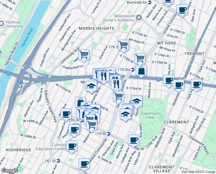 map of restaurants, bars, coffee shops, grocery stores, and more near Townsend Avenue & East Mount Eden Avenue in Bronx