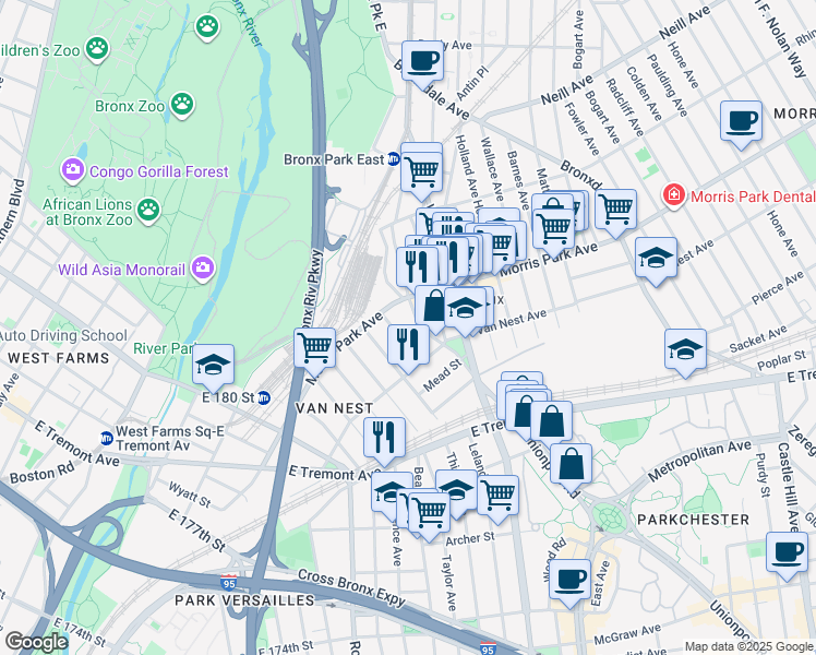 map of restaurants, bars, coffee shops, grocery stores, and more near 1714 Fillmore Street in The Bronx