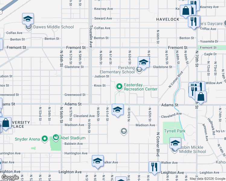 map of restaurants, bars, coffee shops, grocery stores, and more near 3055 North 61st Street in Lincoln