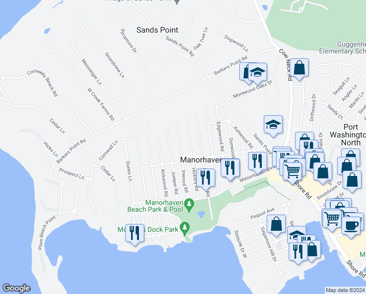 map of restaurants, bars, coffee shops, grocery stores, and more near 40 Hickory Road in Port Washington