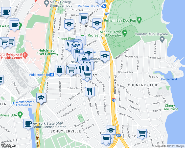 map of restaurants, bars, coffee shops, grocery stores, and more near 1562 Hollywood Avenue in Bronx