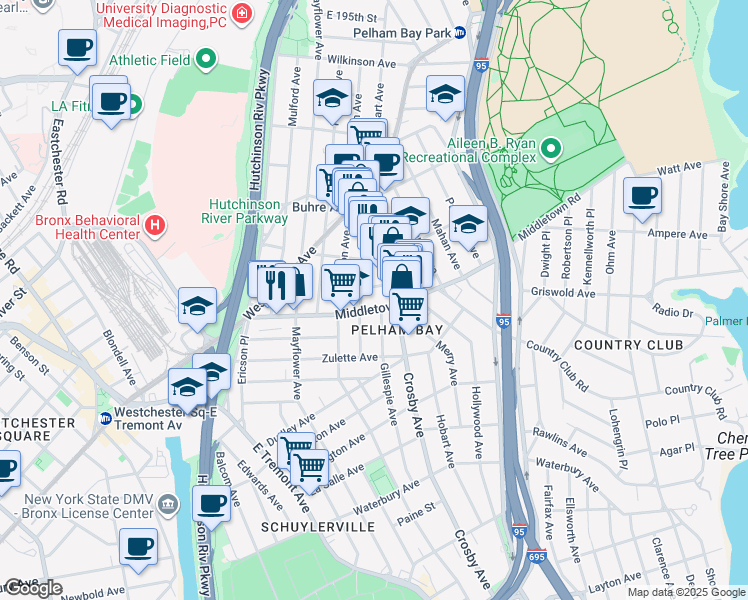 map of restaurants, bars, coffee shops, grocery stores, and more near 2944 Middletown Road in Bronx