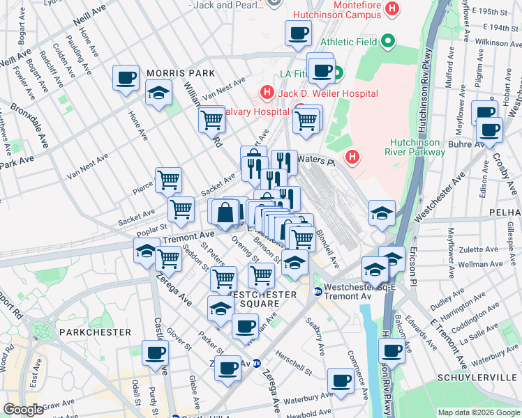 map of restaurants, bars, coffee shops, grocery stores, and more near 2633-2635 East Tremont Avenue in The Bronx