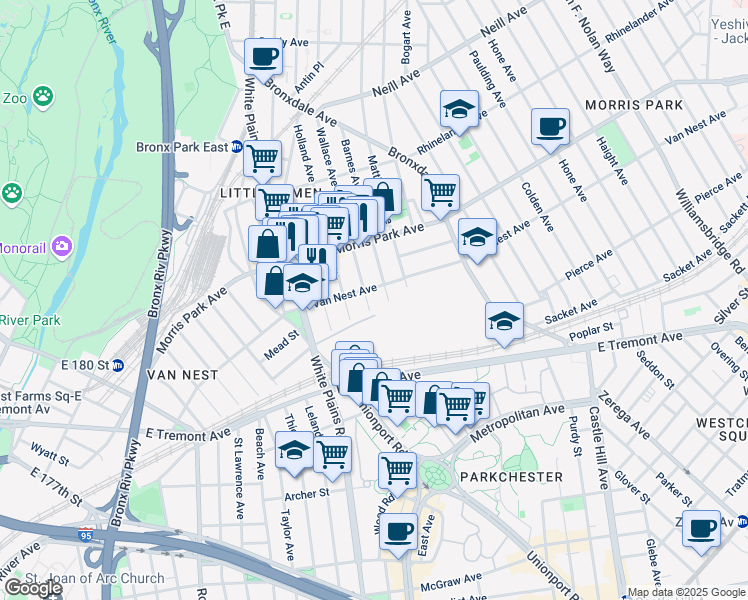 map of restaurants, bars, coffee shops, grocery stores, and more near 1653 Wallace Avenue in Bronx