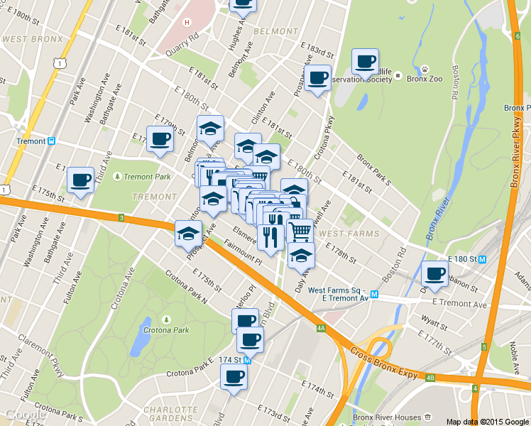 map of restaurants, bars, coffee shops, grocery stores, and more near in The Bronx