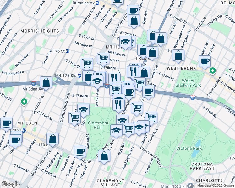 map of restaurants, bars, coffee shops, grocery stores, and more near 347 East 173rd Street in Bronx