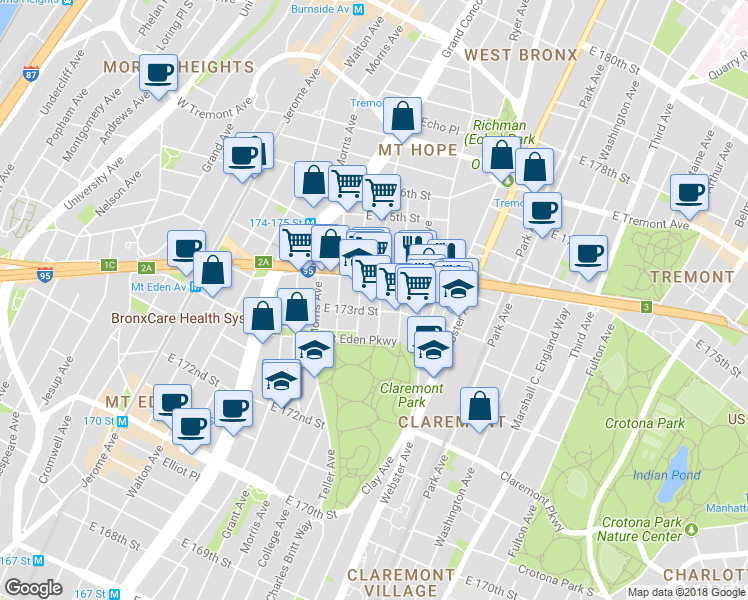 map of restaurants, bars, coffee shops, grocery stores, and more near in The Bronx