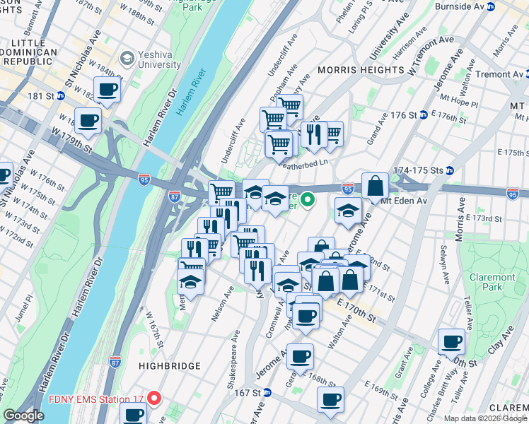 map of restaurants, bars, coffee shops, grocery stores, and more near 1439 Nelson Avenue in Bronx