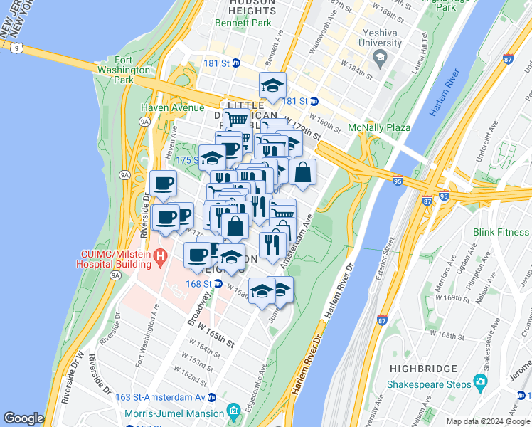 map of restaurants, bars, coffee shops, grocery stores, and more near 559 West 172nd Street in New York