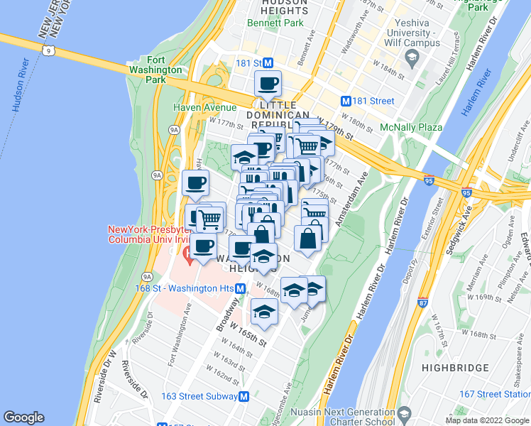 map of restaurants, bars, coffee shops, grocery stores, and more near in New York