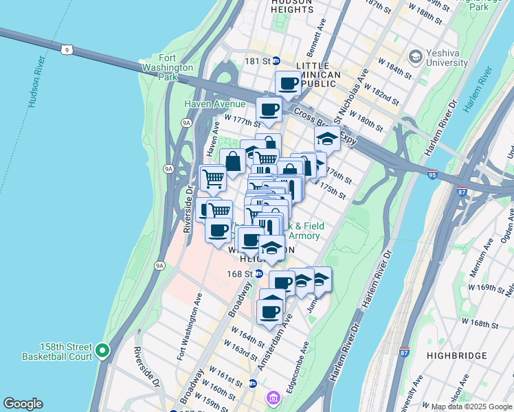 map of restaurants, bars, coffee shops, grocery stores, and more near 4046 Broadway in New York