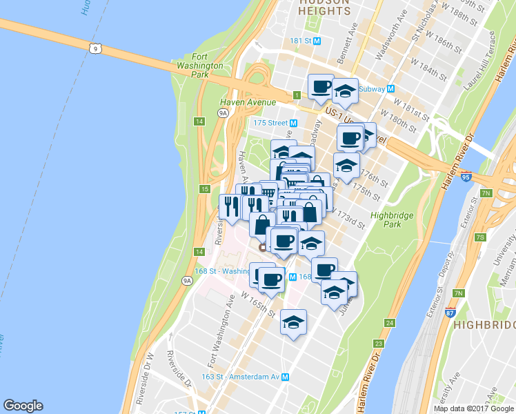 map of restaurants, bars, coffee shops, grocery stores, and more near 250 Fort Washington Avenue in New York