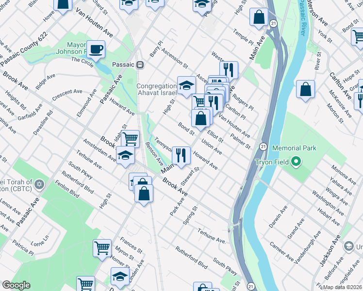 map of restaurants, bars, coffee shops, grocery stores, and more near 119 Main Avenue in Passaic