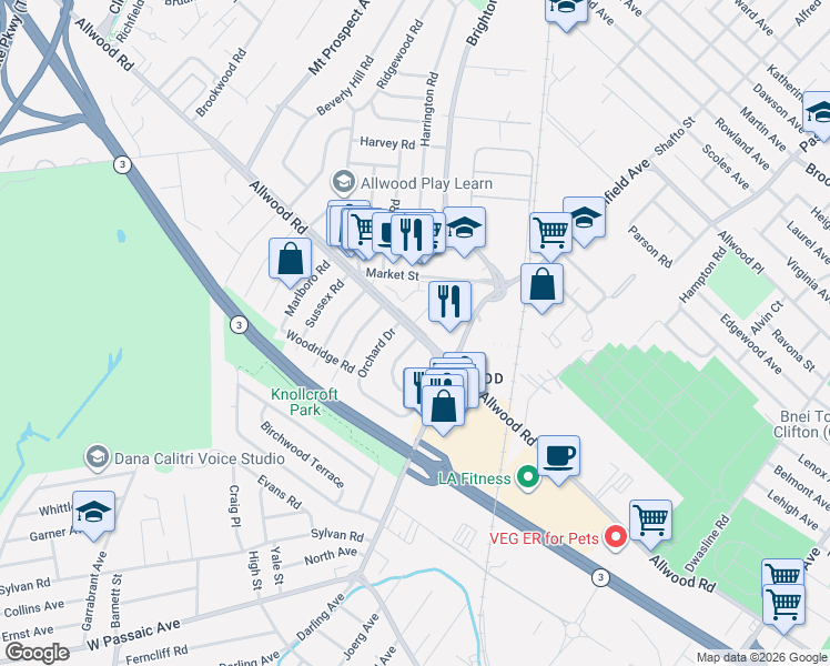 map of restaurants, bars, coffee shops, grocery stores, and more near 14 Cottage Lane in Clifton