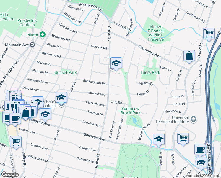 map of restaurants, bars, coffee shops, grocery stores, and more near 95 Inwood Avenue in Montclair
