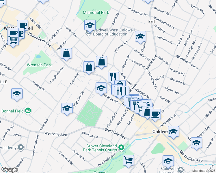 map of restaurants, bars, coffee shops, grocery stores, and more near 33-45 Academy Road in Caldwell