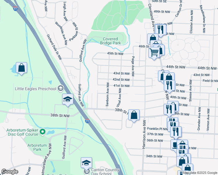 map of restaurants, bars, coffee shops, grocery stores, and more near 2511 Brookdale Street Northwest in Canton