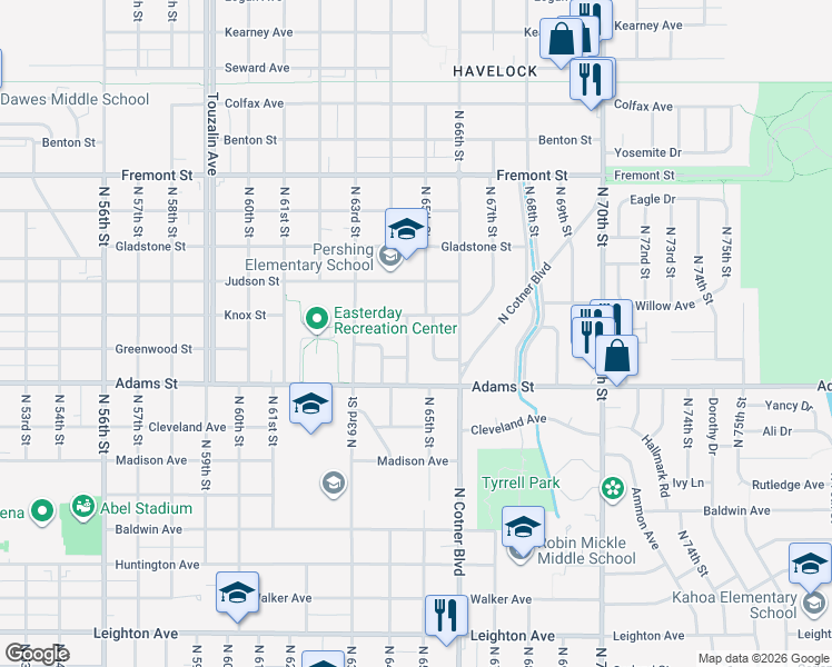 map of restaurants, bars, coffee shops, grocery stores, and more near 3115 North 65th Street in Lincoln