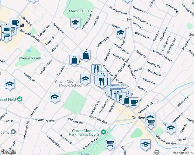 map of restaurants, bars, coffee shops, grocery stores, and more near 1 Domessina Lane in Caldwell