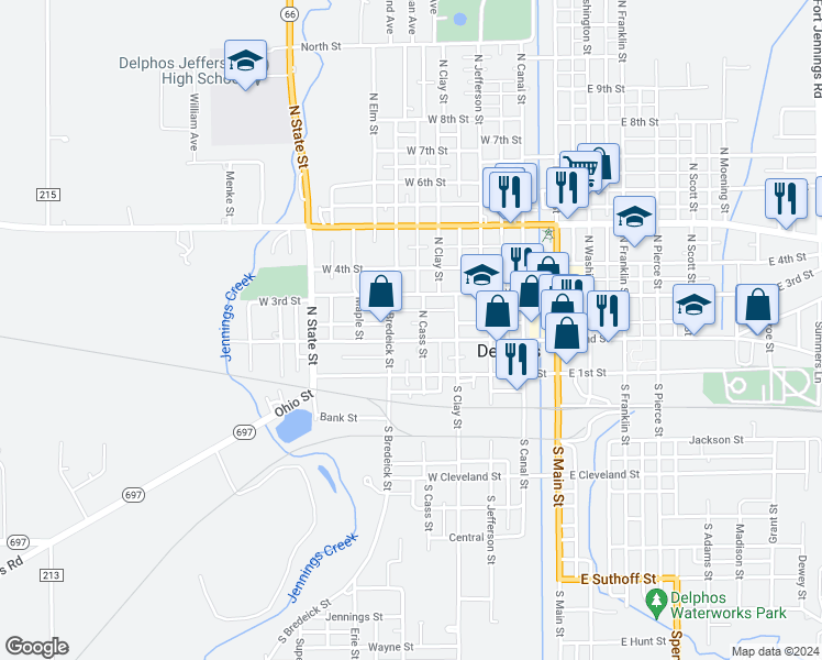 map of restaurants, bars, coffee shops, grocery stores, and more near 508 West 2nd Street in Delphos