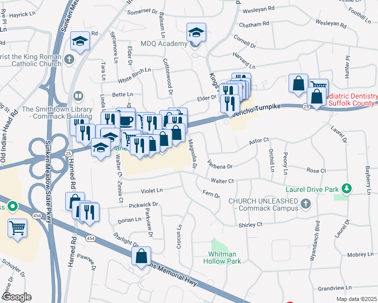 map of restaurants, bars, coffee shops, grocery stores, and more near 16 Magnolia Drive in Commack