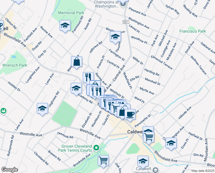 map of restaurants, bars, coffee shops, grocery stores, and more near 15 Central Avenue in Caldwell
