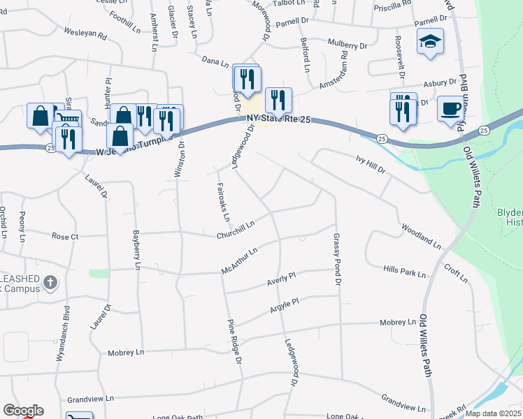 map of restaurants, bars, coffee shops, grocery stores, and more near 28 Churchill Lane in Smithtown