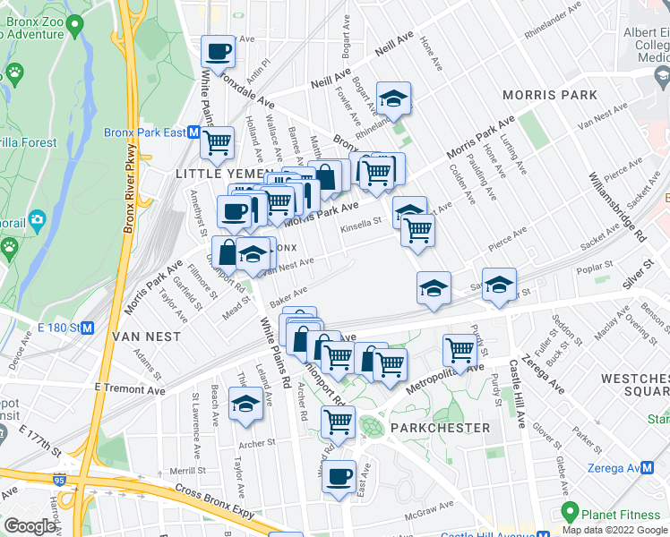 map of restaurants, bars, coffee shops, grocery stores, and more near 1650 Barnes Avenue in Bronx