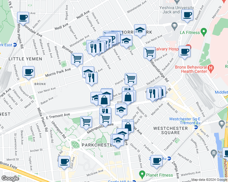 map of restaurants, bars, coffee shops, grocery stores, and more near 1565 Radcliff Avenue in Bronx