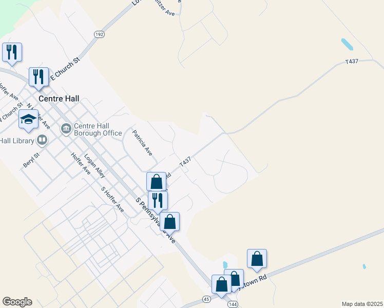 map of restaurants, bars, coffee shops, grocery stores, and more near Asford Manor Drive in Centre Hall