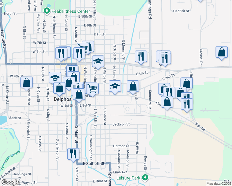 map of restaurants, bars, coffee shops, grocery stores, and more near 501-535 East 2nd Street in Delphos
