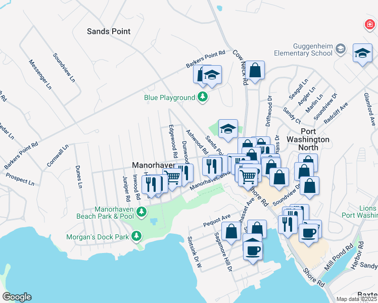 map of restaurants, bars, coffee shops, grocery stores, and more near 34 Dunwood Road in Port Washington