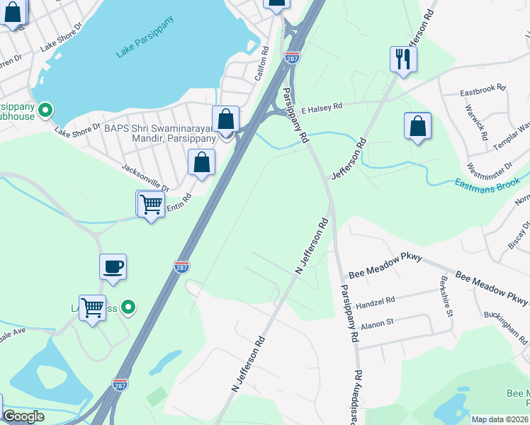 map of restaurants, bars, coffee shops, grocery stores, and more near 7 Eastmans Road in Parsippany-Troy Hills