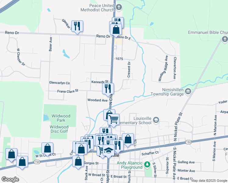 map of restaurants, bars, coffee shops, grocery stores, and more near 261 East Frana Clara Street in Louisville